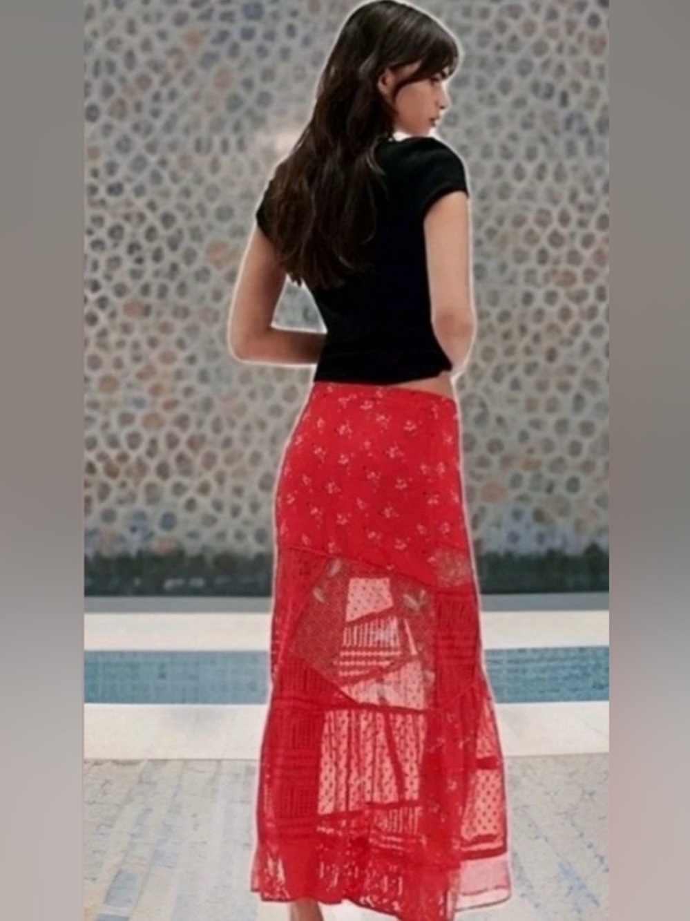 Free People Daniella poppy red floral Tiered Lace Maxi Skirt size small - Picture 2 of 14